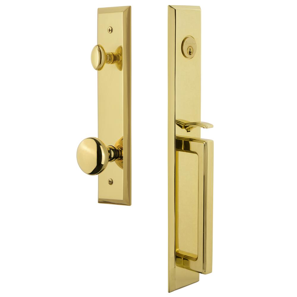 Grandeur by Nostalgic Warehouse FAVDGRFAV Fifth Avenue One-Piece Handleset with D Grip and Fifth Avenue Knob in Lifetime Brass